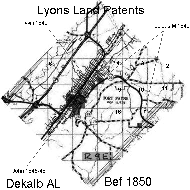 Map of Lyons Family Patents of DeKalb in 1850